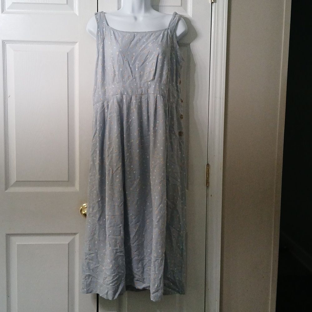 a.n.a.  blue printed pinafore button side linen blend jumper dress Sz XL EUC